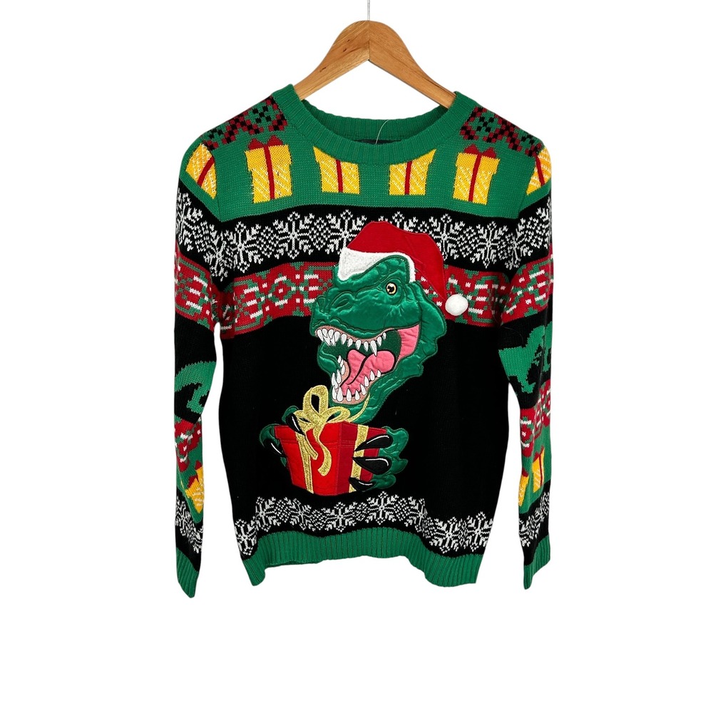 33 Degrees Dinosaur T-Rex Ugly Christmas Sweater Green Black Kids Large 14/16